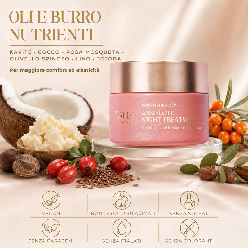 Vasetto Talia Absolute Night Treatment circondato da cocco, burro di karité, rosa mosqueta e jojoba. Certificazioni: Vegano, non testato su animali, senza solfati, senza parabeni, senza ftalati, senza coloranti.