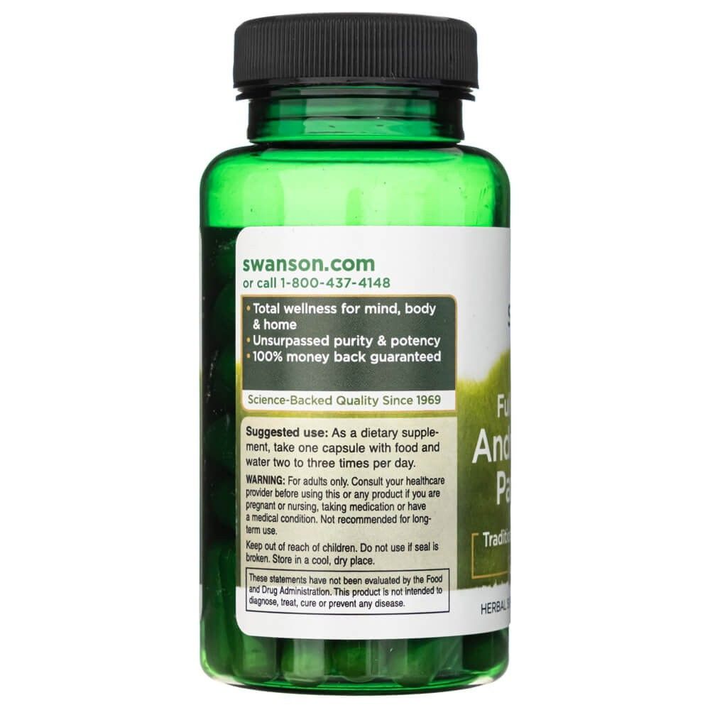 Retro di una capsula verde: SWANSON Andrographis Paniculata, con sito web, garanzia di qualità e avvertenze.