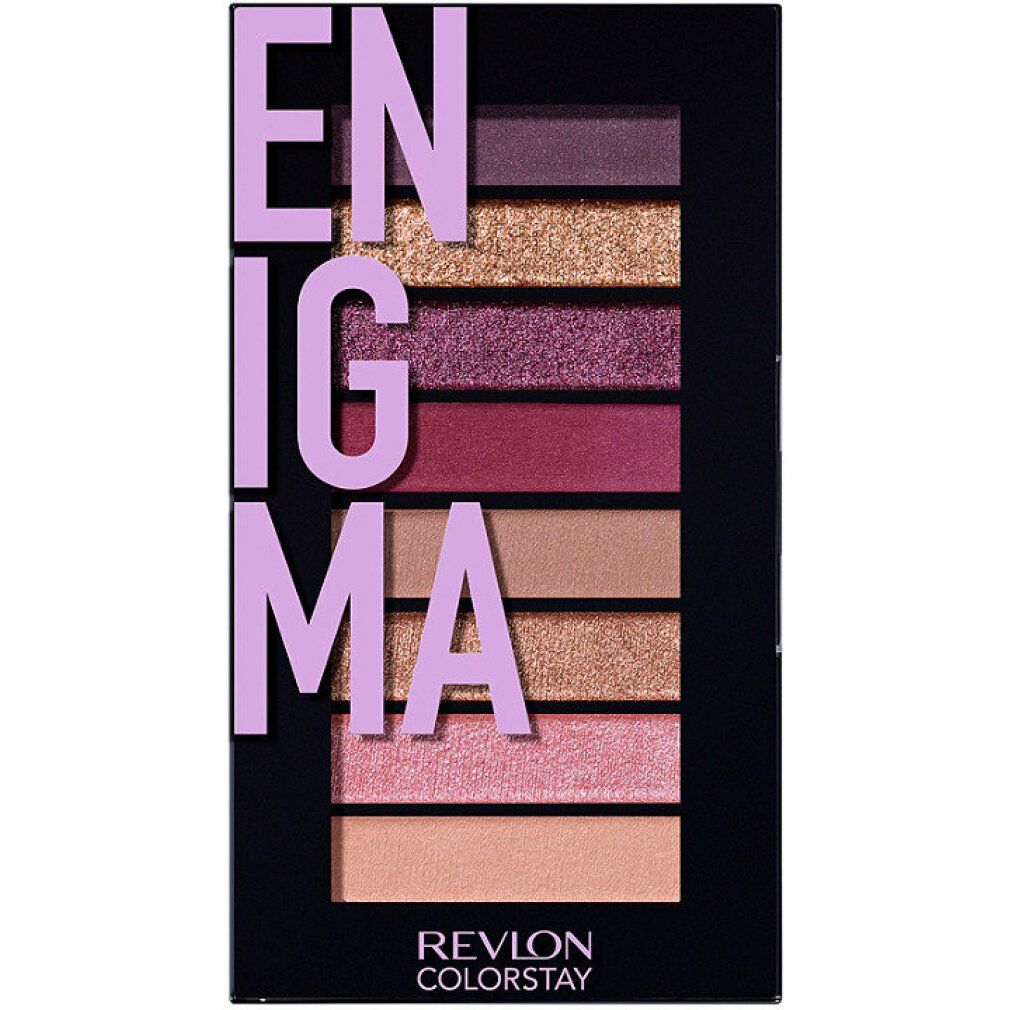 Palette ombretti con 8 tonalità. Confezione nera con scritta viola "ENIGMA". Marchio: Revlon Colorstay.