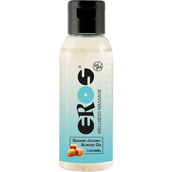 Flacone di olio da massaggio EROS Caramello con tappo nero. Contiene olio di sesamo, jojoba e mandorle.