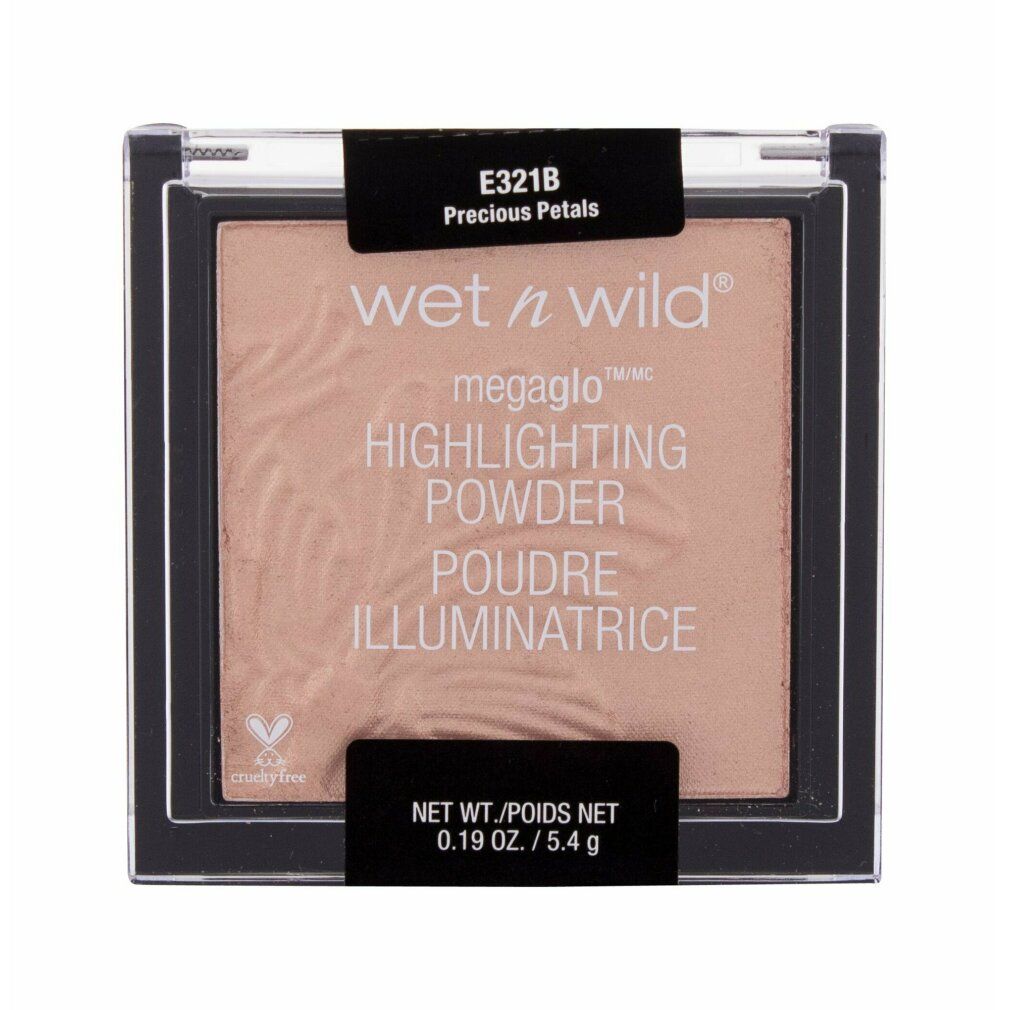Highlighter in polvere in confezione quadrata. Scritta: Wet n Wild Megaglo Highlighting Powder. Con nome del prodotto e peso.