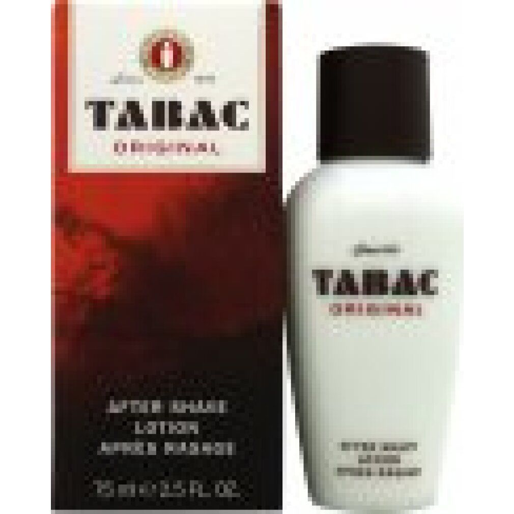Flacone bianco e confezione. Scritta: TABAC ORIGINAL, AFTER SHAVE LOTION, APRES RASAGE. 75 ml.