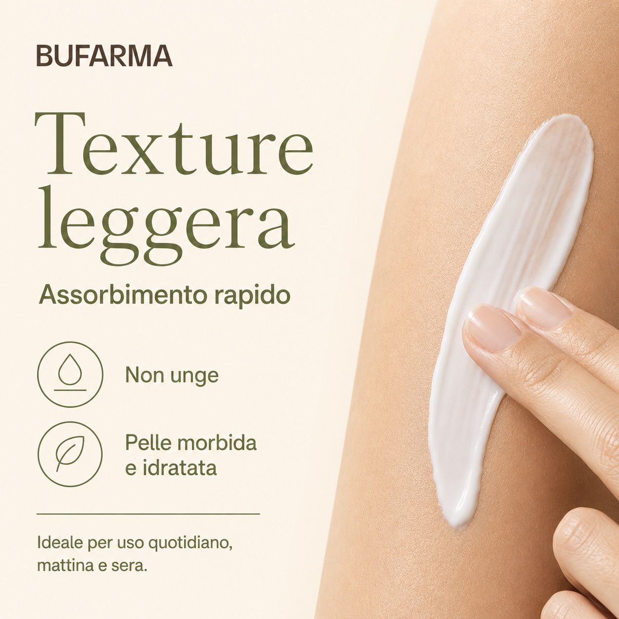 Crema applicata sulla pelle. Testo: Texture leggera, assorbimento rapido. Non unge, pelle morbida e idratata.