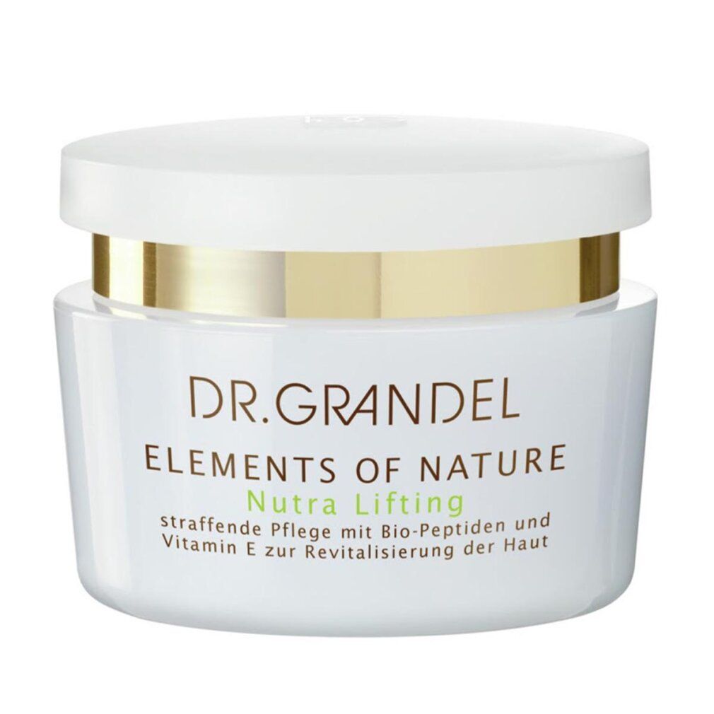 Vasetto di crema bianco con anello e coperchio dorati. Scritta: DR. GRANDEL, ELEMENTS OF NATURE, Nutra Lifting.