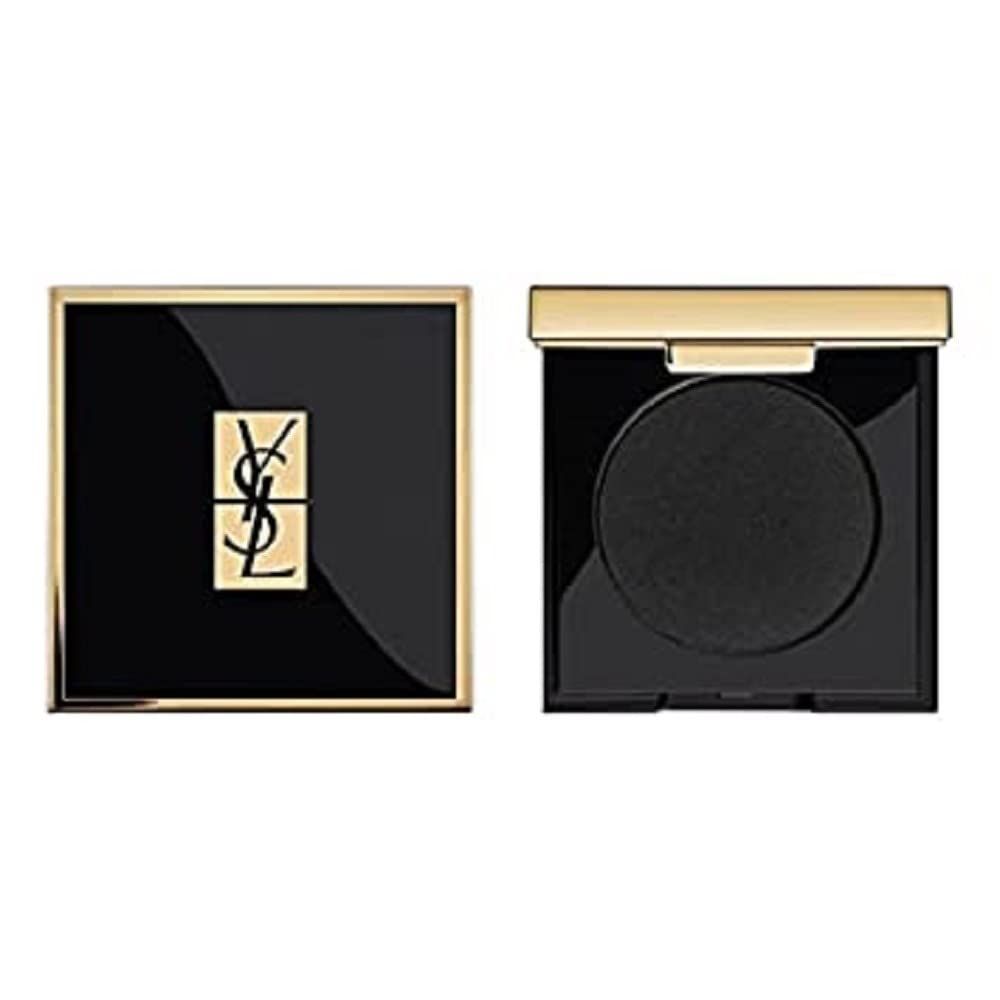 Ombretto compatto nero con cornice dorata. Logo: Yves Saint Laurent. Mostrato aperto e chiuso.