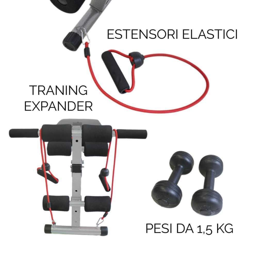 Primo piano di accessori per l'allenamento. Estensori, manubri (1,5 kg). Testo: 'Traning Expander', 'Pesi da 1,5 kg'.