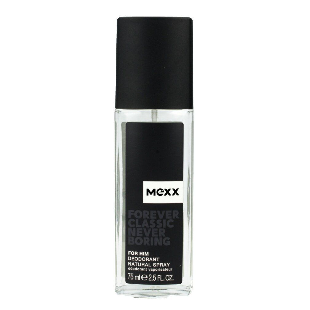 Spray deodorante per uomo. Tappo nero, forma rettangolare. Scritta: MEXX, Forever Classic Never Boring. 75 ml.