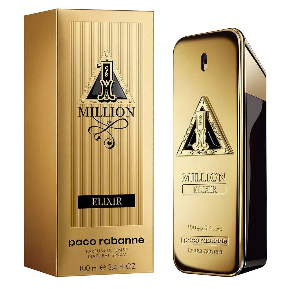 Flacone e confezione dorati. Scritta: Million Elixir, Paco Rabanne. 100 ml.