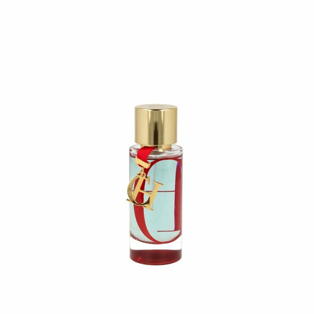 Flacone di profumo con tappo dorato e nastro rosso. Logo CH dorato.