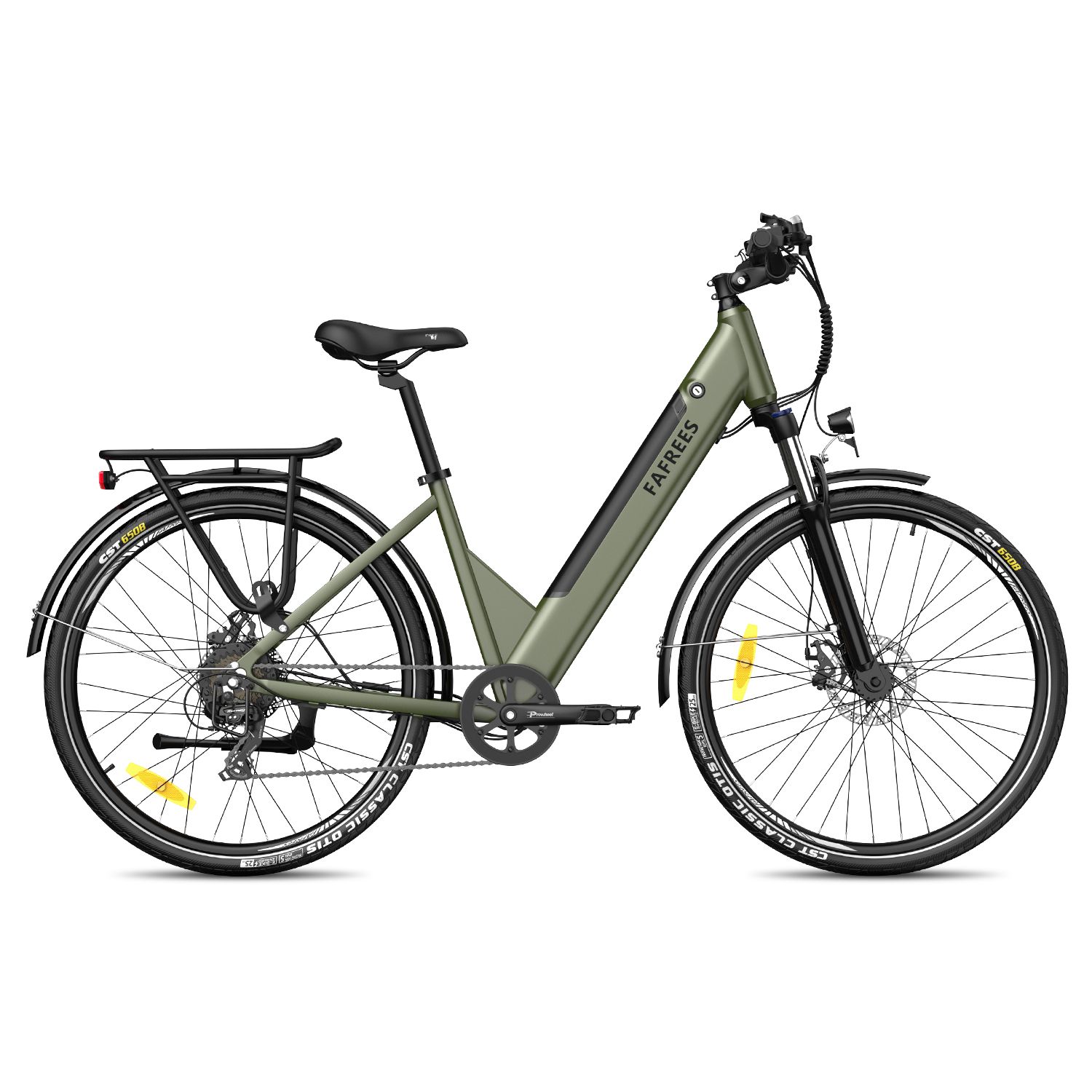 E-bike verde con portapacchi, parafanghi e scritta FAFREES. Pneumatici e sella neri.