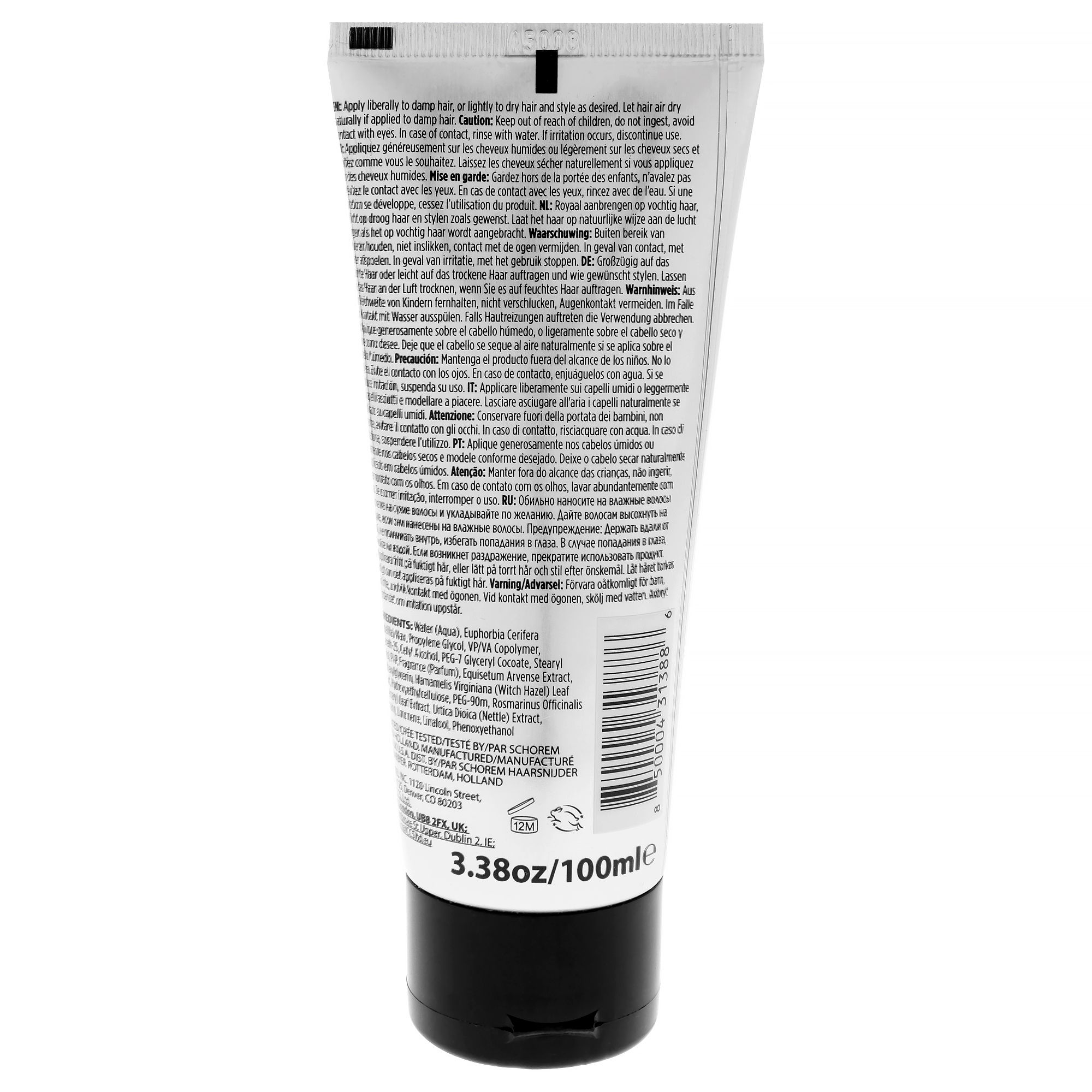 Retro di un tubo Reuzel Fiber Cream con istruzioni per l'uso e codice a barre.