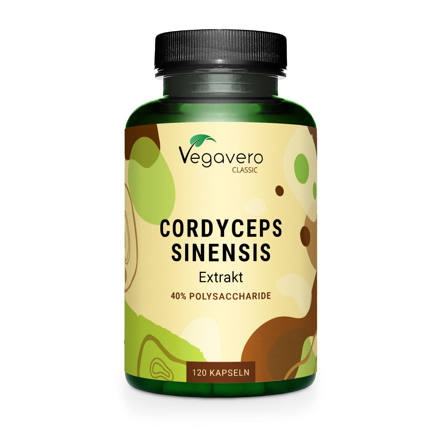 Bottiglia verde con tappo nero. Scritta: Cordyceps Sinensis Extrakt, 40% polisaccaridi, 120 capsule. Vegavaro Classic.