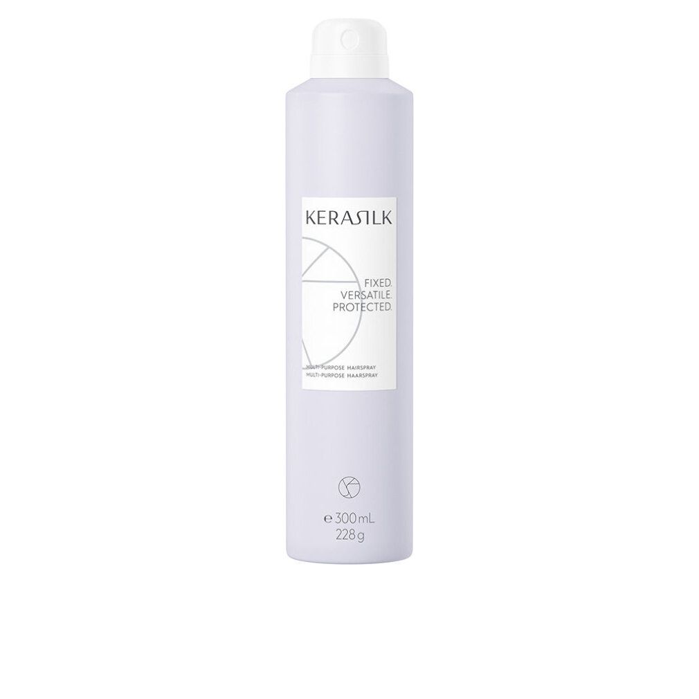 Flacone con tappo bianco ed etichetta. Scritta: KERASILK, FIXED VERSATILE PROTECTED. Volume: 300ml.