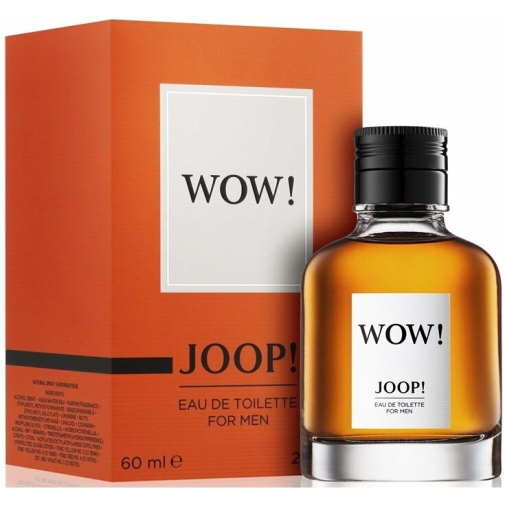 Flacone e confezione. Flacone con liquido ambrato, etichetta "WOW!" e "JOOP!". Confezione arancione.