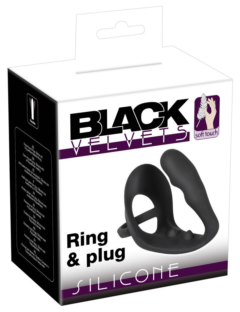 Anello penieno/testicolare nero con plug anale. Confezione con nome prodotto, marchio « Black Velvets » e « Silicone ».