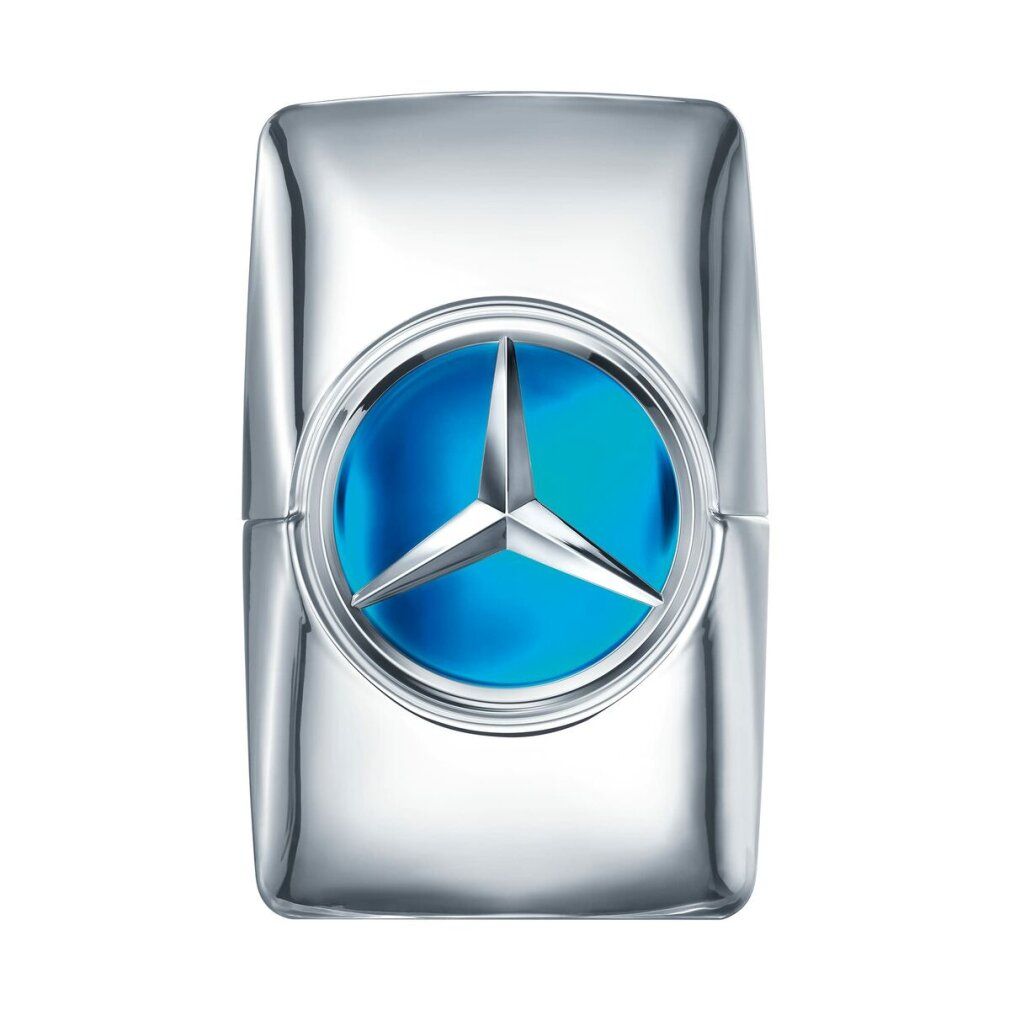 Flacone argentato con cerchio blu e logo Mercedes-Benz. Forma rettangolare.