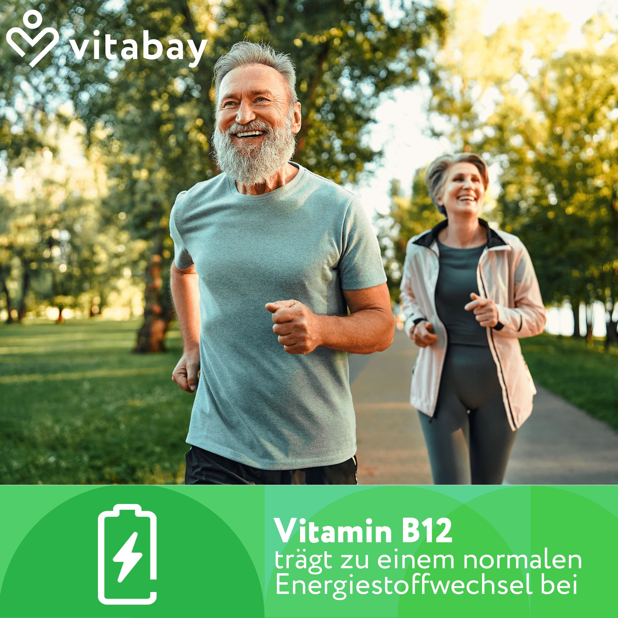 Due persone fanno jogging nel parco. Testo: La vitamina B12 contribuisce al normale metabolismo energetico.