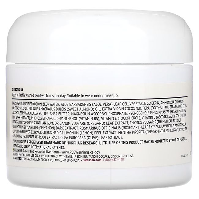 Retro del vasetto di crema. Contiene testo con ingredienti e istruzioni per l'uso. Avvertenze e informazioni di contatto.