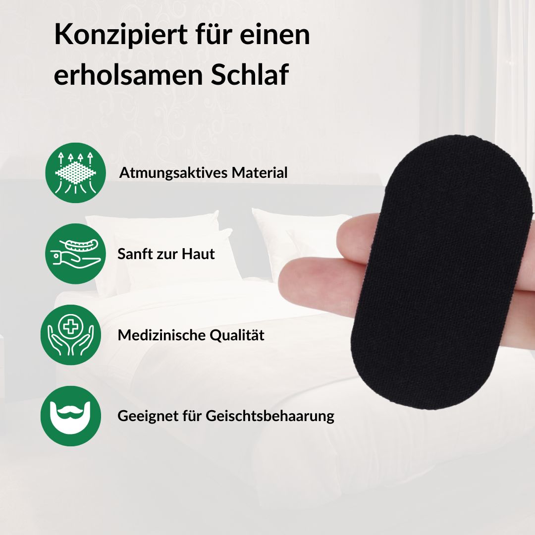 Mano che tiene un cerotto orale nero. Testo: Progettato per un sonno riposante. Icone: materiale traspirante, delicato sulla pelle, qualità medica.