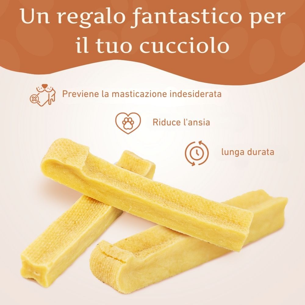 Bastoncini masticabili, testo: Un regalo fantastico per il tuo cucciolo. Testo: Previene la masticazione indesiderata, riduce l'ansia, lunga durata.