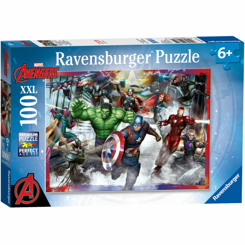 Scatola puzzle Avengers. Contiene 100 pezzi XXL. Marchio: Ravensburger. Età consigliata: 6+. Confezione con eroi in azione.