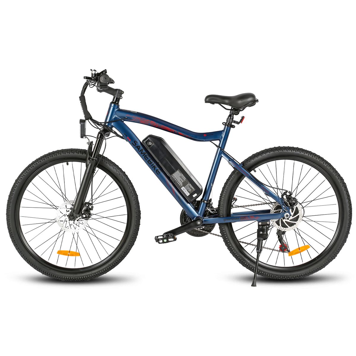 E-bike blu con telaio nero, batteria, faro e portapacchi. Riflettori gialli sulle ruote.