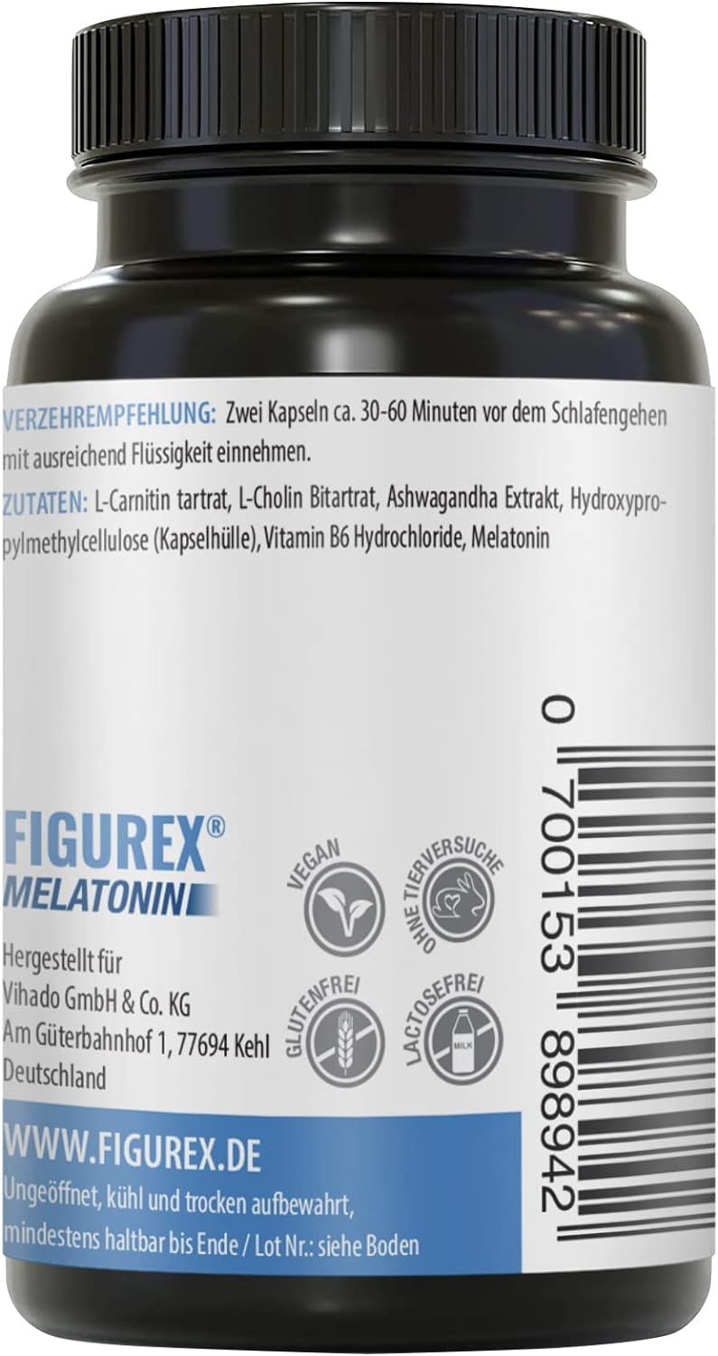 Flacone nero con etichetta bianca. Scritta: FIGUREX Melatonin. Vegano, senza glutine, senza lattosio. Informazioni sulla conservazione e durata.