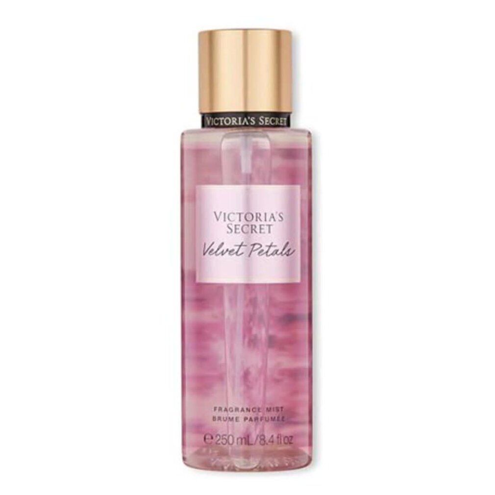 Spray per il corpo Victoria's Secret. Flacone rosa, tappo dorato. Testo: Velvet Petals, 250 ml.