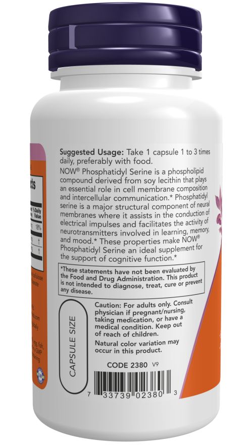 Retro del flacone. Testo: NOW Phosphatidyl Serine. Dosaggio consigliato. Avvertenze. Codice 2380 V9.