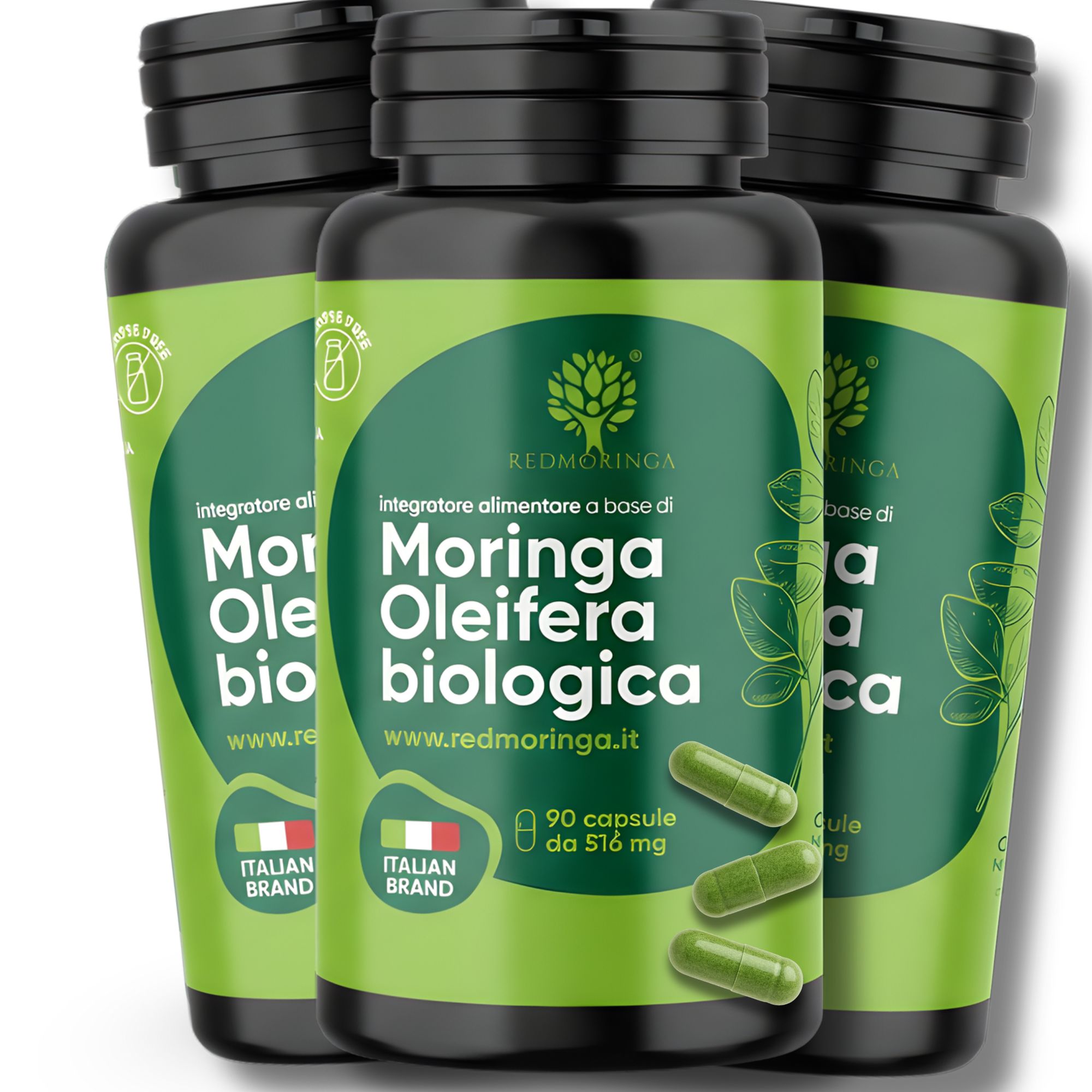 Tre bottiglie con capsule verdi. Scritta: RedMoringa Moringa Oleifera biologica. Logo del marchio italiano.