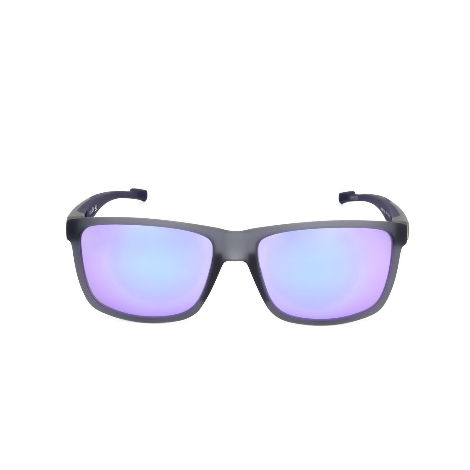 Occhiali da sole sportivi grigi con lenti a specchio viola e logo "ADIDAS".