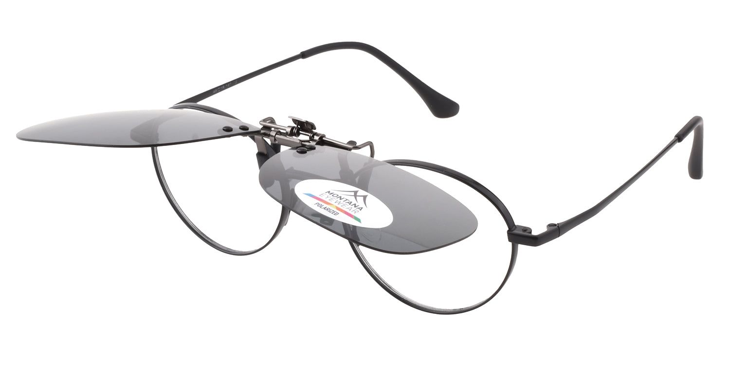 Occhiali da sole clip-on Montana Eyewear Mauritius. Lenti rotonde grigie. Montatura nera. Logo.