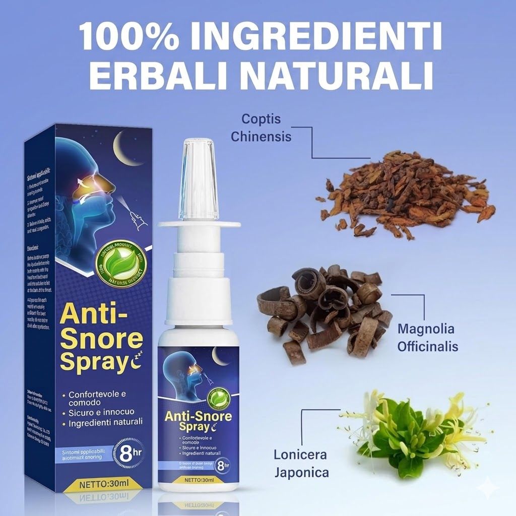 Spray nasale, confezione ed erbe. Scritta: Anti-Snore Spray. Erbe: Coptis Chinensis, Magnolia Officinalis, Lonicera Japonica.