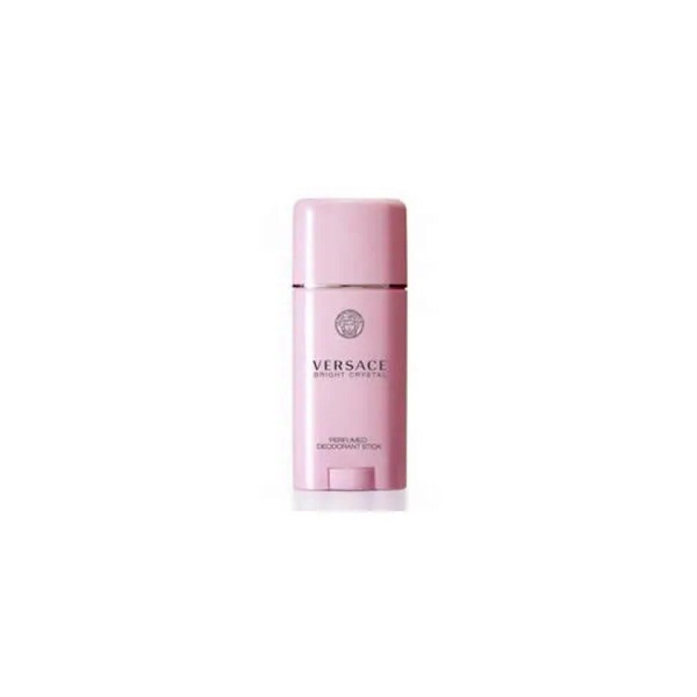 Stick deodorante rosa. Anello argentato e logo Versace. Testo: Bright Crystal, Perfumed Deodorant Stick.