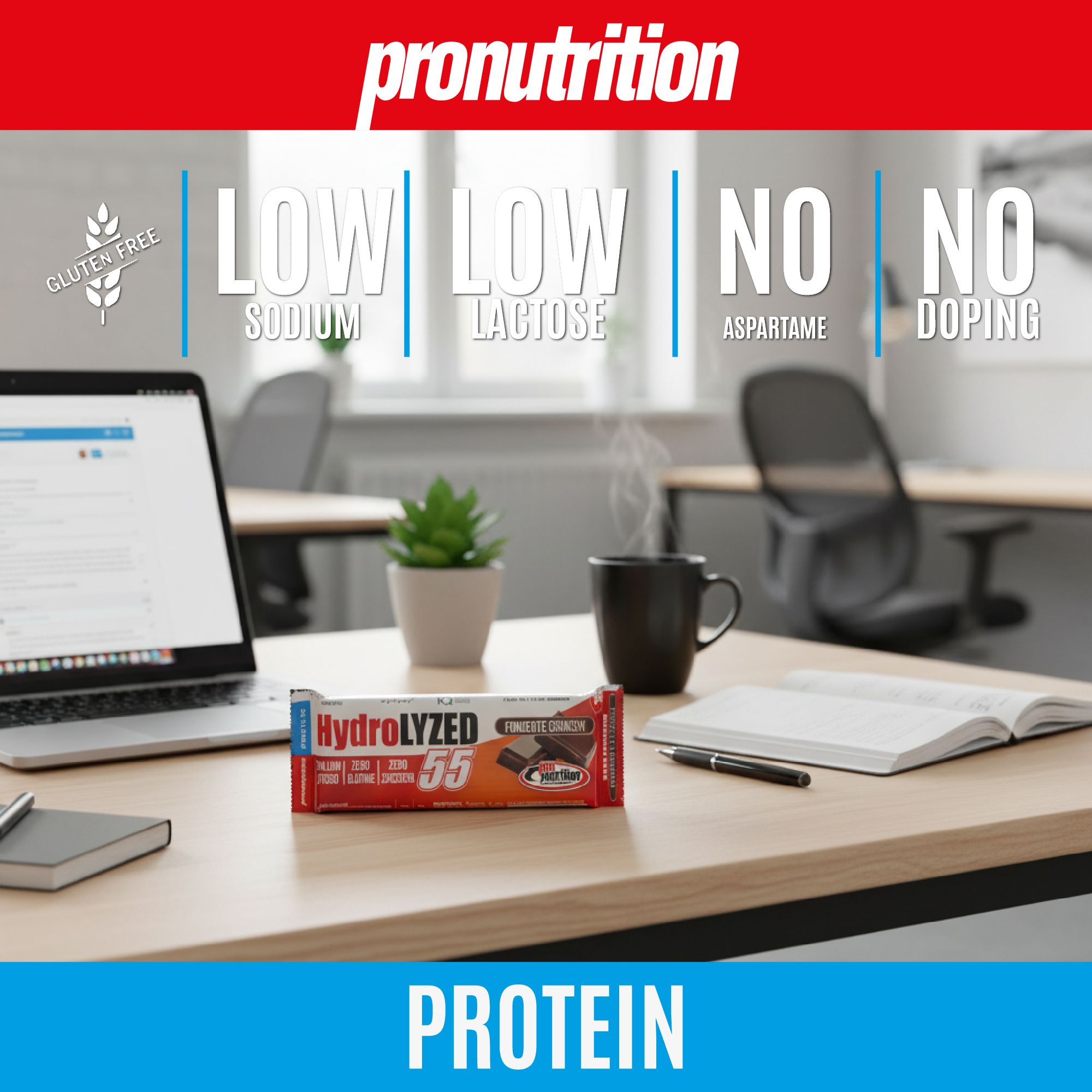 Barretta proteica "Hydrolyzed 55" su una scrivania. Testo: Senza glutine, basso sodio, basso lattosio, senza aspartame, senza doping.