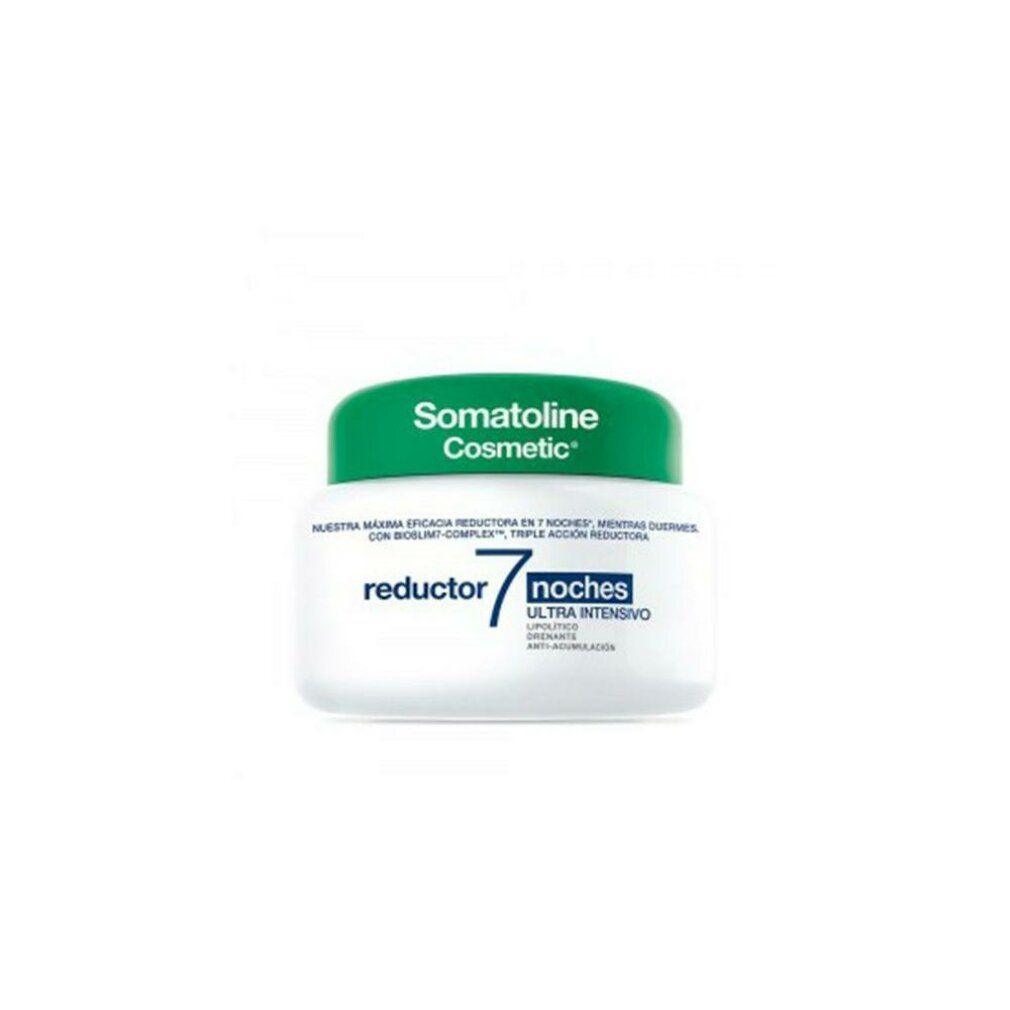 Vasetto bianco, coperchio verde. Scritta: Somatoline Cosmetic, Reductor 7 Noches.