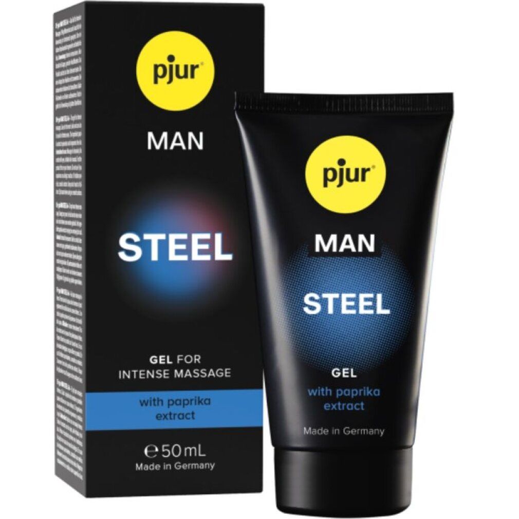 Tubo e scatola neri. Scritta: Pjur MAN STEEL Gel per massaggio intenso. 50ml.