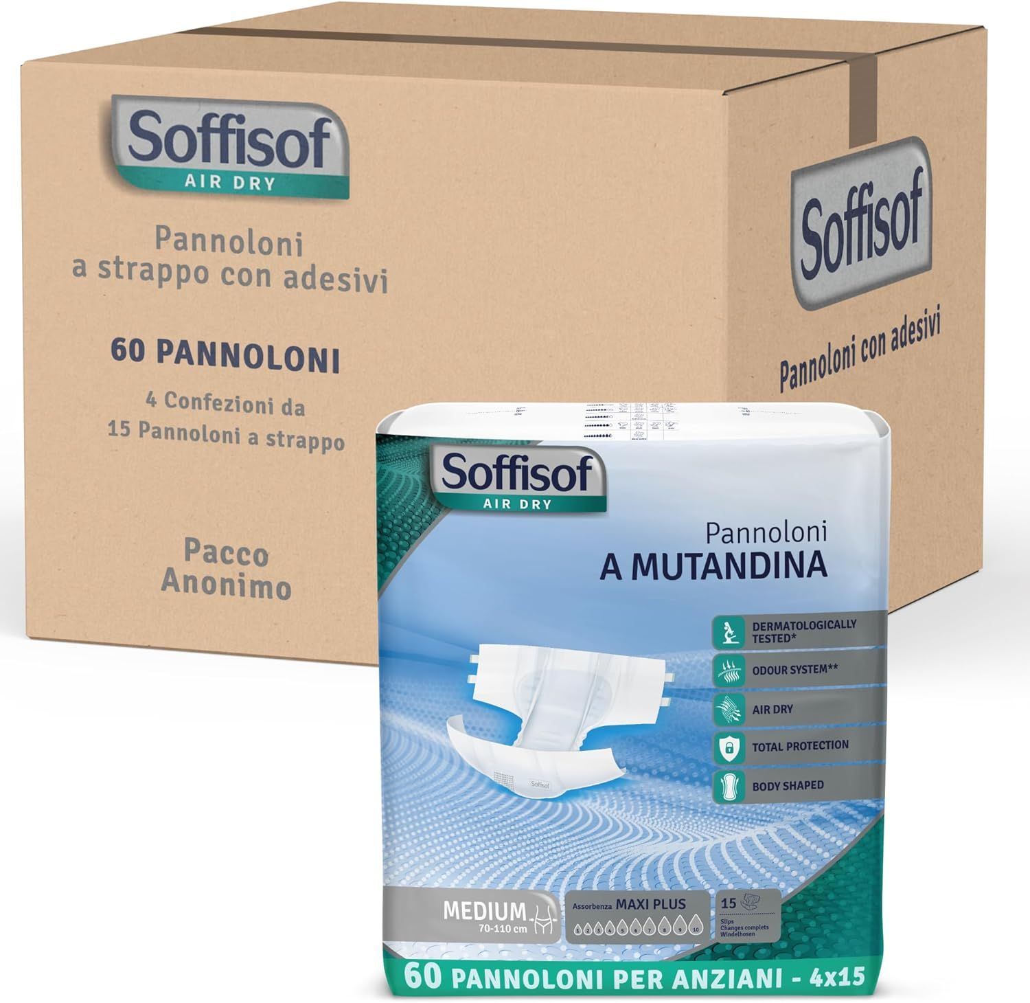 Pannoloni Soffisof Air Dry. Scatola con confezioni. 60 per confezione. Pannoloni a strappo con adesivi.