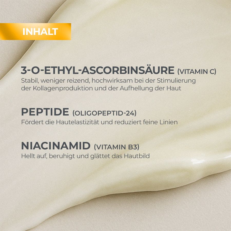 Grafico testuale con ingredienti del siero Biotrade: 3-O-etil-ascorbico (Vitamina C), peptidi, niacinamide (Vitamina B3).