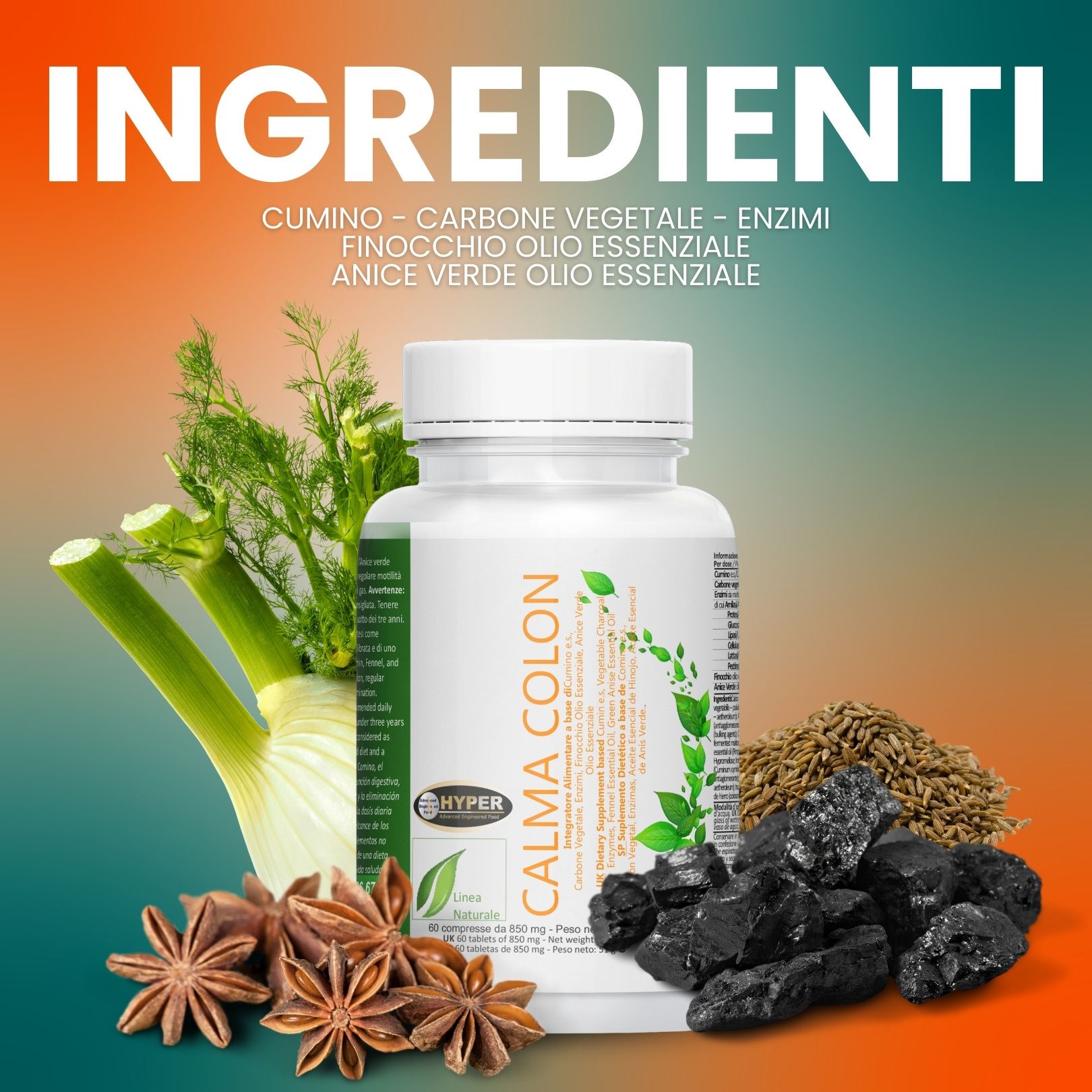 HYPER Calma Colon integratore colon irritabile con Cumino Carbone Finocchio Anice  Probiotici
