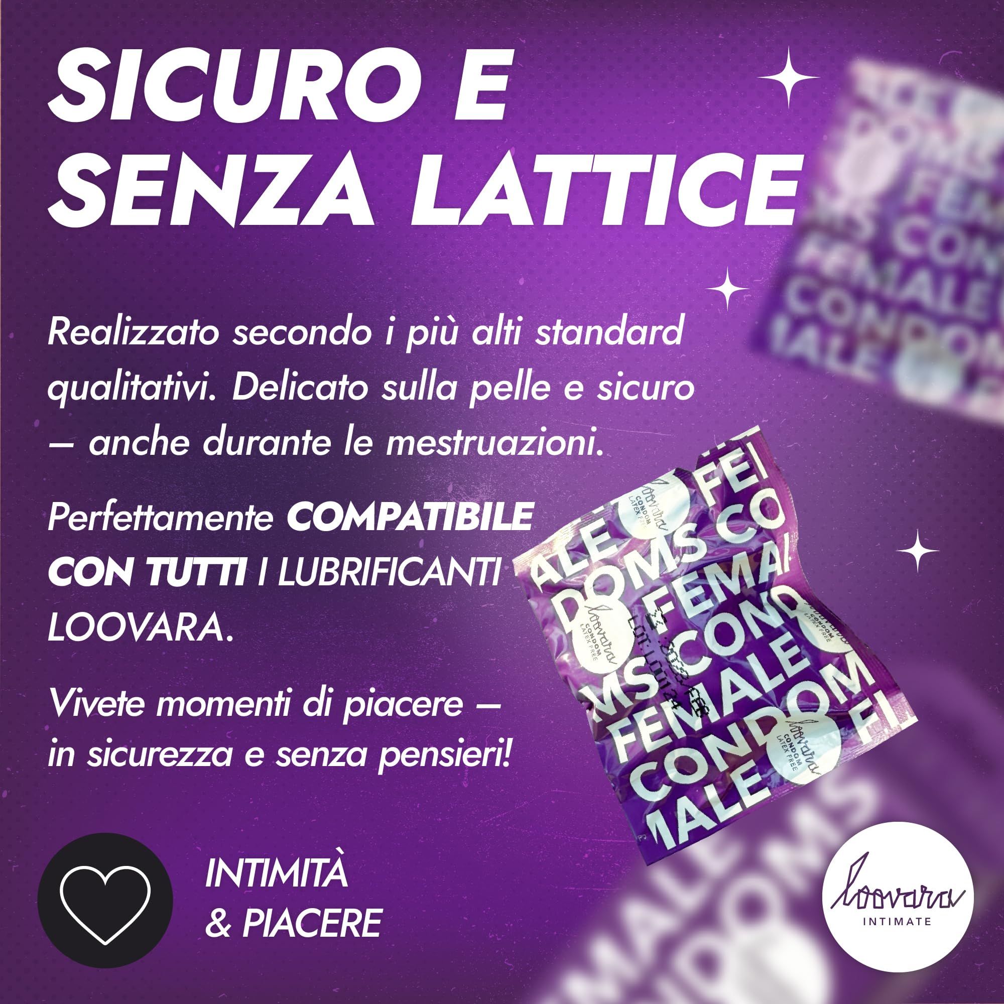 Confezione viola con "FEMALE CONDOMS" e un preservativo, "SICURO E SENZA LATTICE".
