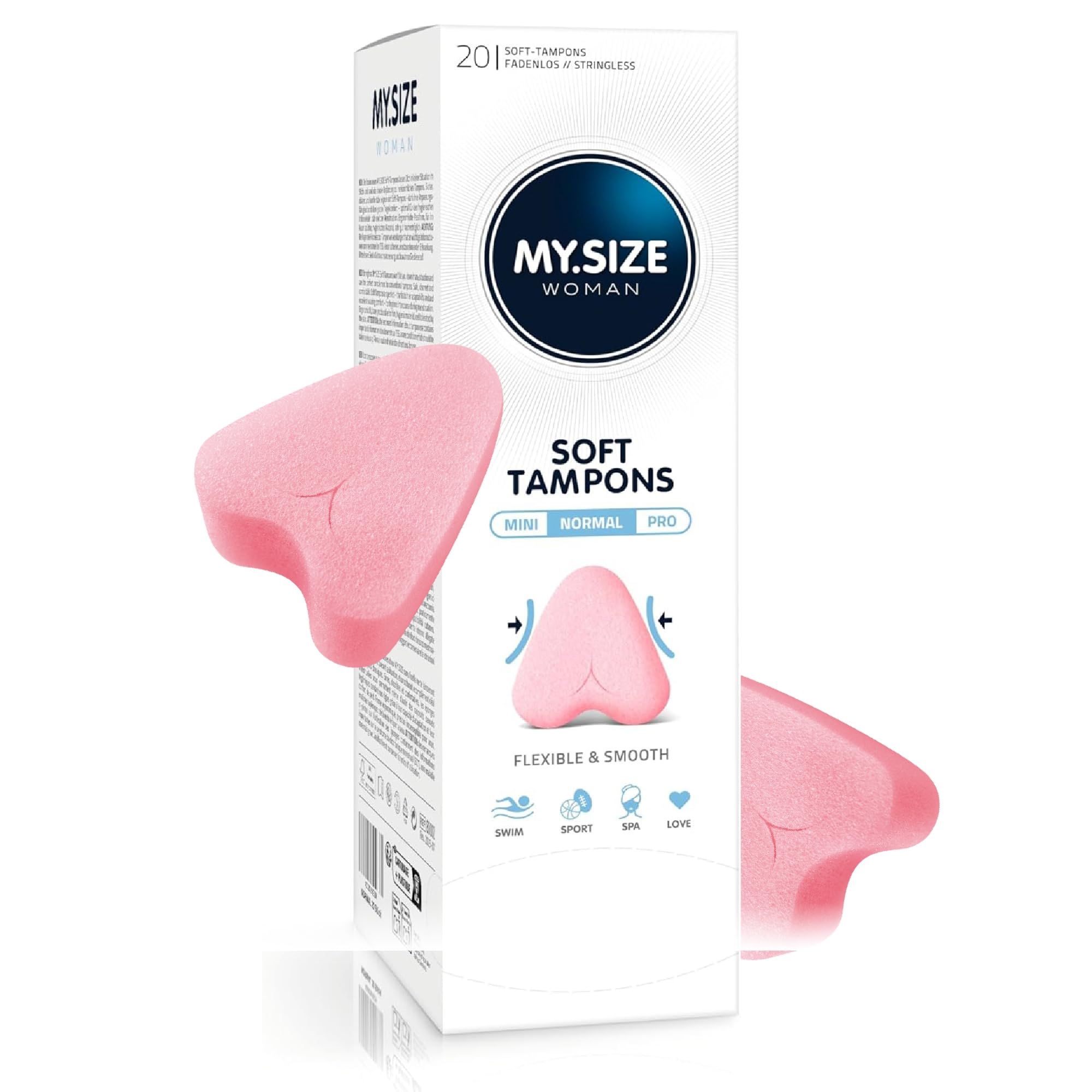 Confezione MY.SIZE Woman Soft Tamponi Normal, 20 pezzi. Forma di tampone rosa.