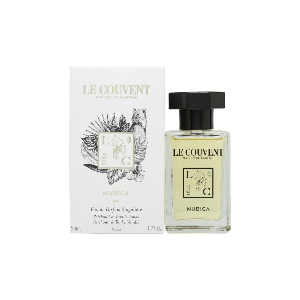Flacone di profumo e confezione. Flacone con tappo nero. Confezione con logo e testo. Scritta: Nubica, Eau de Parfum Singulière. 1.7FL.OZ.