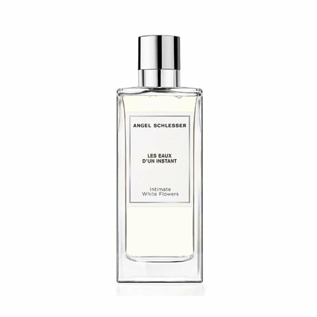Flacone Angel Schlesser, Les Eaux d'un Instant Intimate White Flowers EdT Nat. Spray. Forma rettangolare, tappo argentato, etichetta bianca.