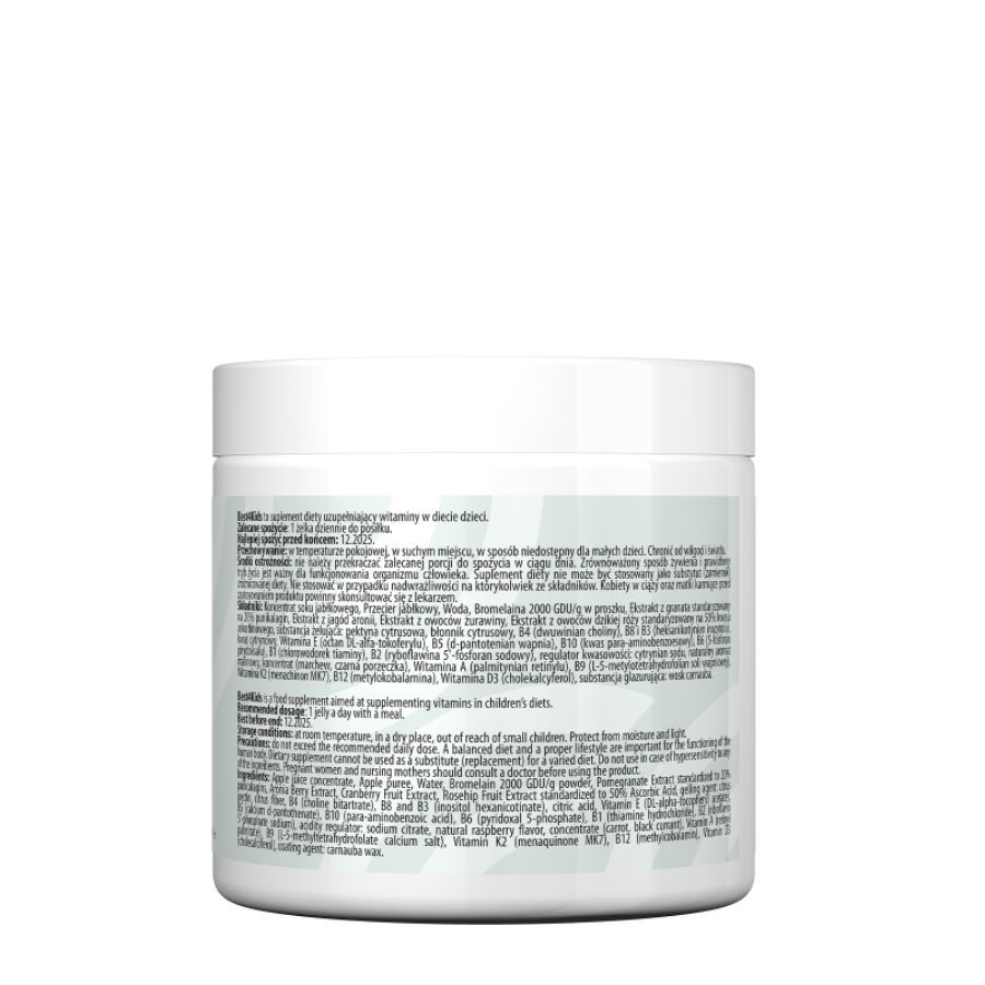 Retro di un barattolo bianco BEST LAB BEST FOR KIDS. Testo in polacco, con ingredienti e informazioni nutrizionali.