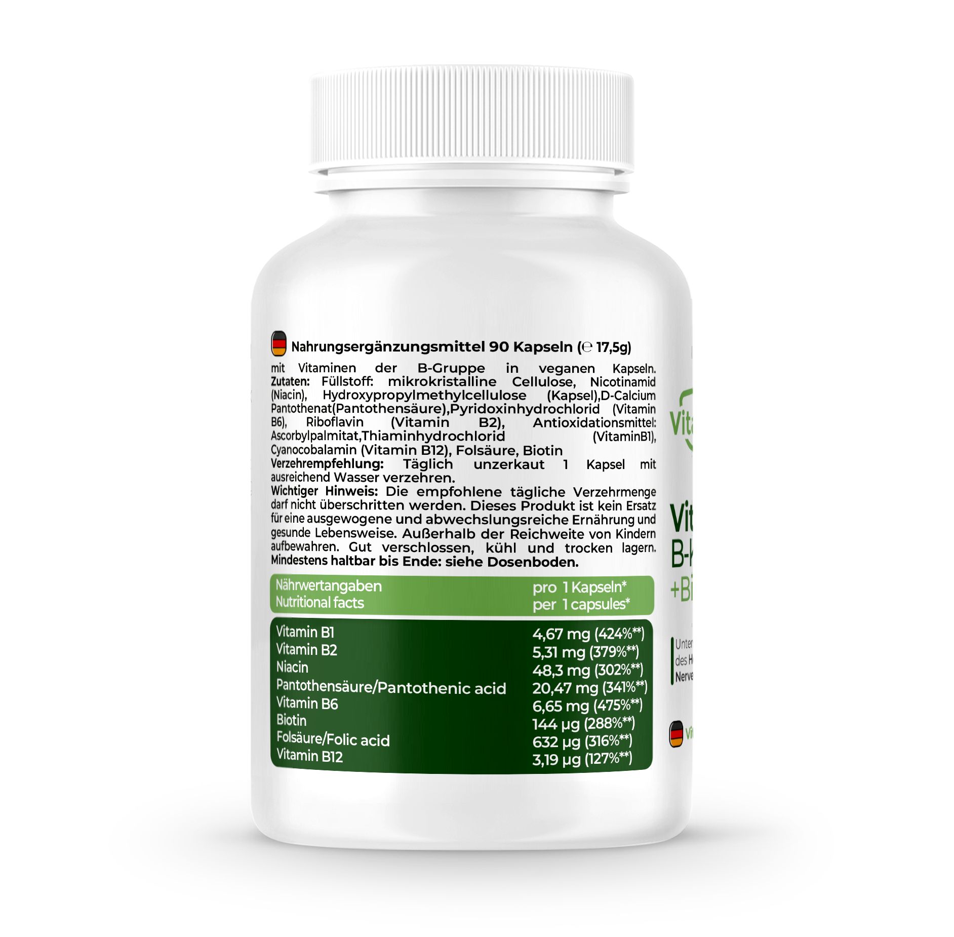 Retro del flacone. Informazioni nutrizionali e ingredienti. 90 capsule. Vegano.