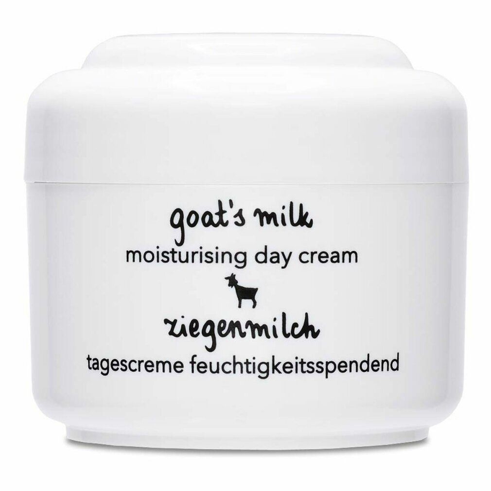 Vasetto bianco con scritte nere. Scritte: goat's milk moisturising day cream, Ziegenmilch Tagescreme feuchtigkeitsspendend. Logo Ziaja.