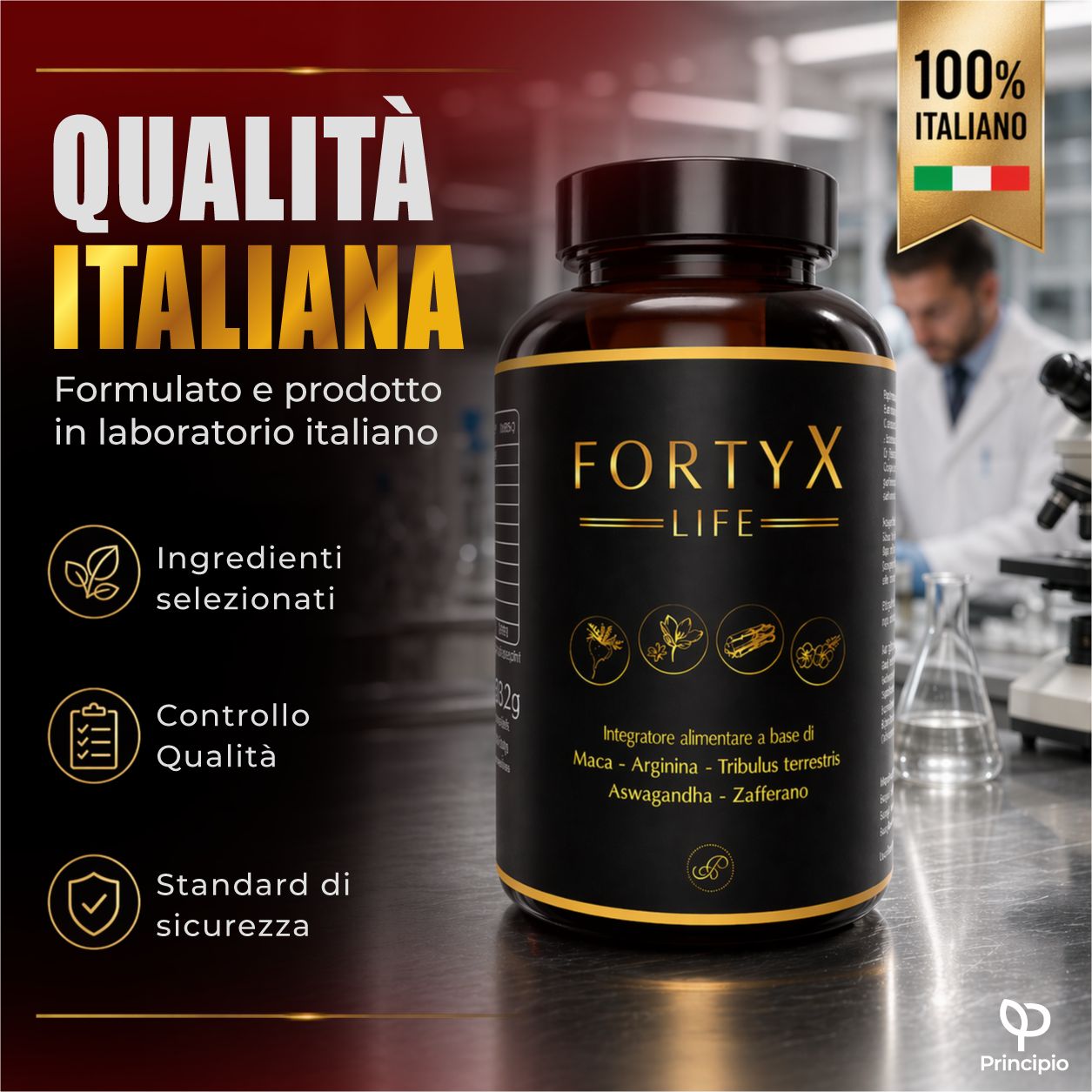 Flacone FORTYX LIFE davanti a un laboratorio. Testo: Ingredienti selezionati, controllo qualità, standard di sicurezza. Flacone marrone.