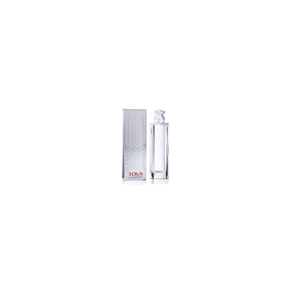 Flacone rettangolare alto con tappo a forma di orso e scatola argentata. Scritta: Tous Eau de Toilette. Flacone e scatola affiancati.
