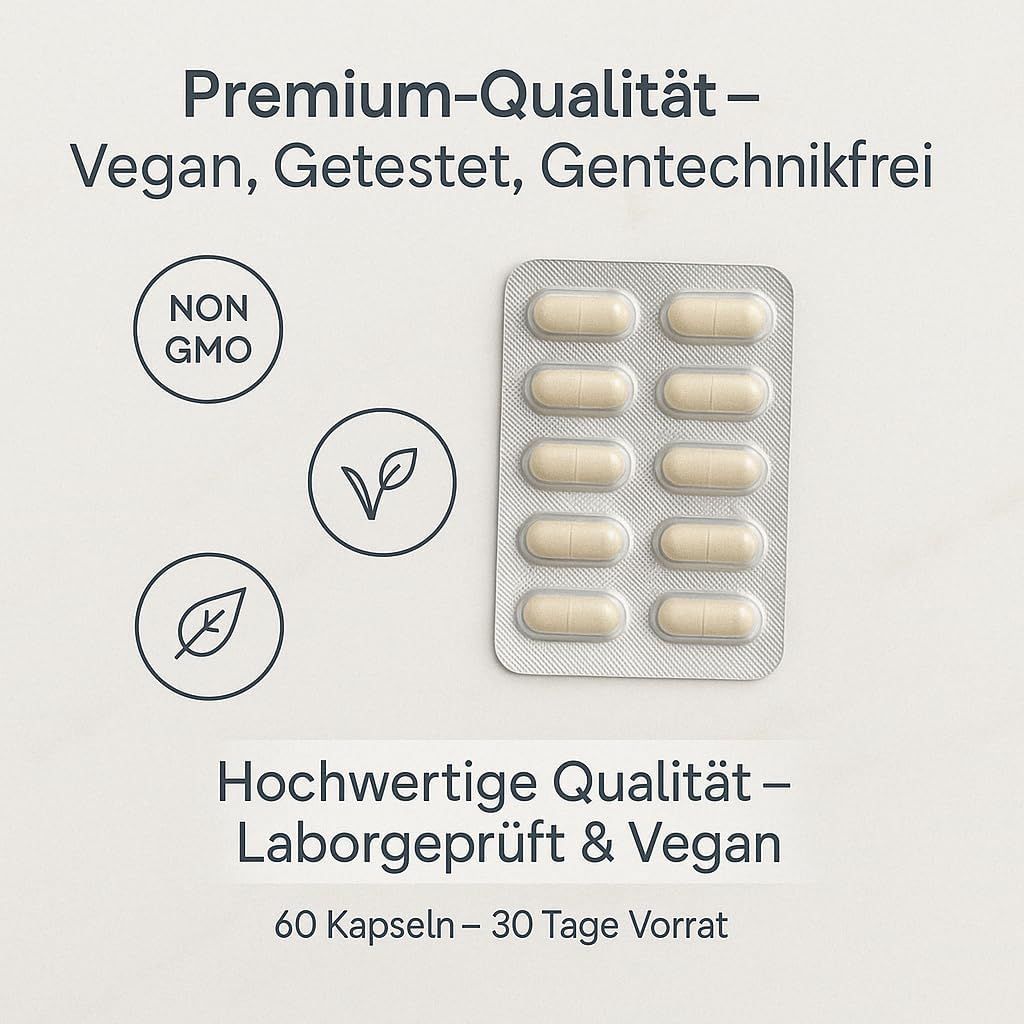 Blister di capsule. Testo: Qualità Premium, Vegano, Testato, Senza OGM. Alta qualità. 60 capsule - 30 giorni di scorta.